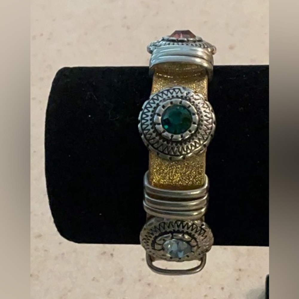 Vintage leather band Goldtone with silver and Rhinestone Swallow brand